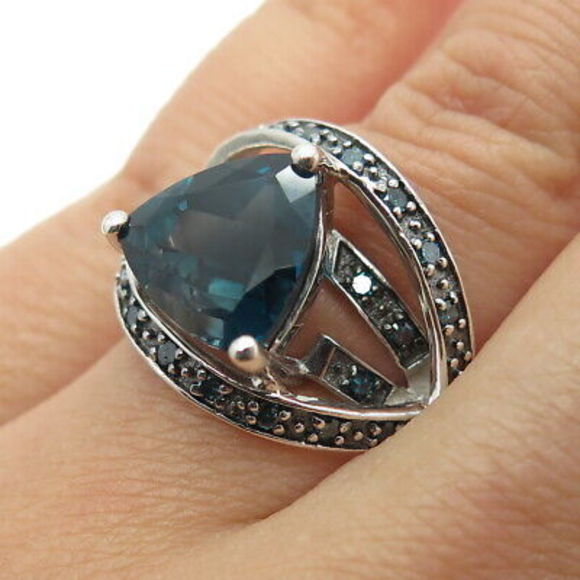 925 Sterling Silver Real Round-Cut Blue Diamond & London Blue Topaz Ring Size 6 - Picture 2 of 8